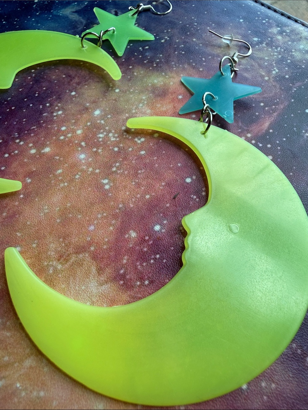 Handmade Glow in the Dark Neon Green Crescent Moon & Star Earrings OOAK y2k 90s - Picture 2 of 3